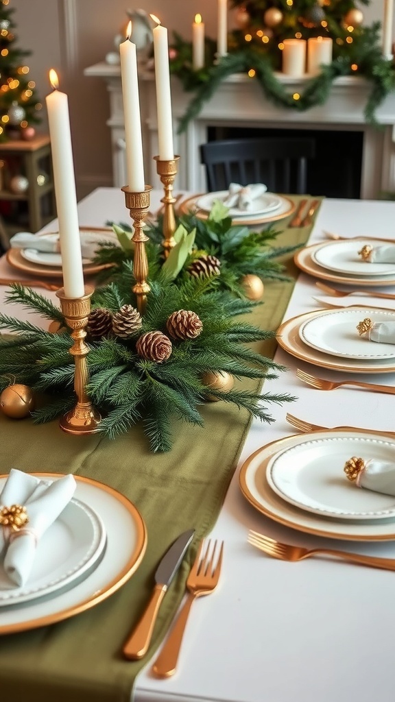 Christmas table setting with olive green decorations, white dinnerware, and candles.